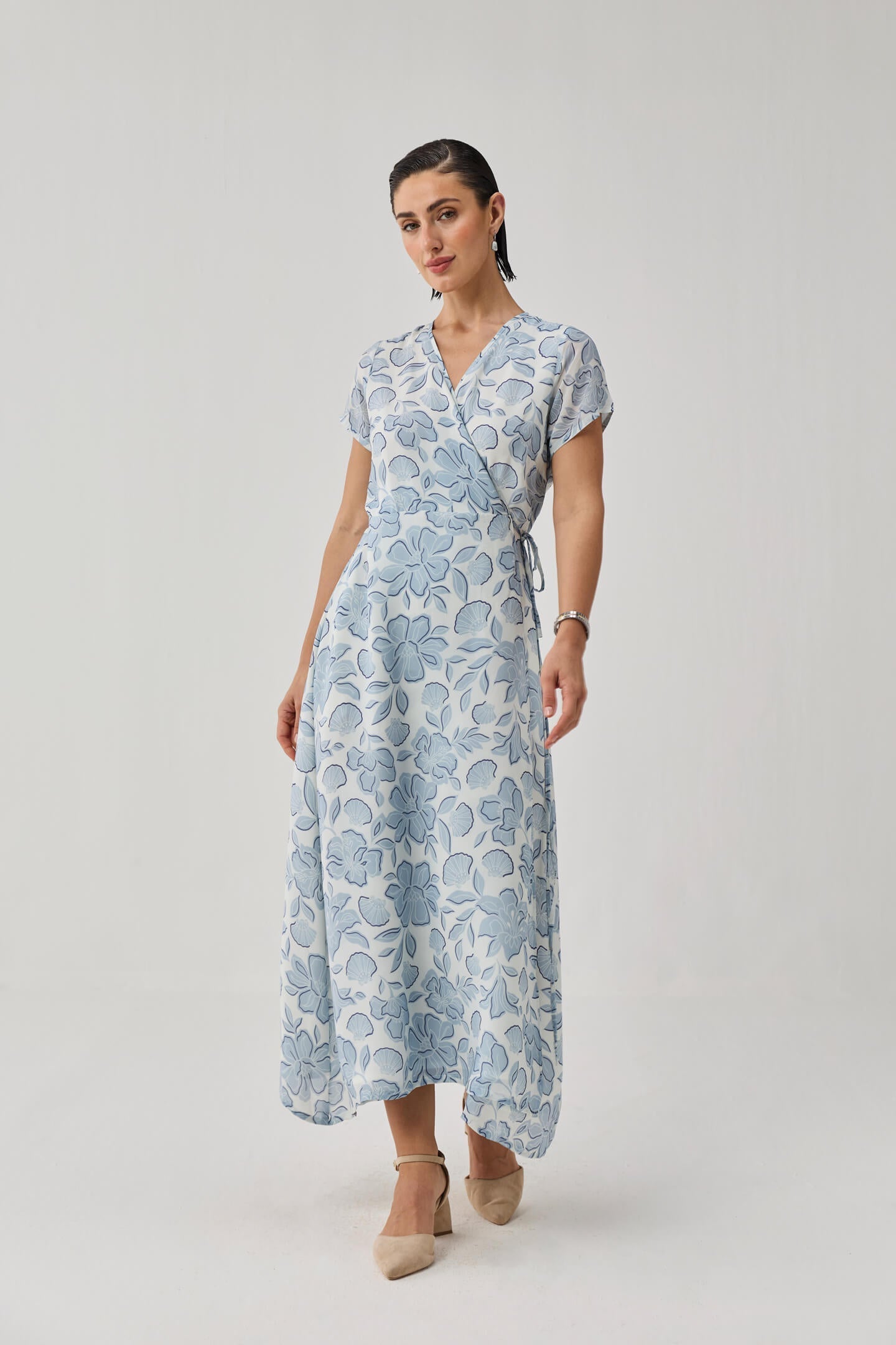 Maxi Wrap Dress in Soft Blue Florals