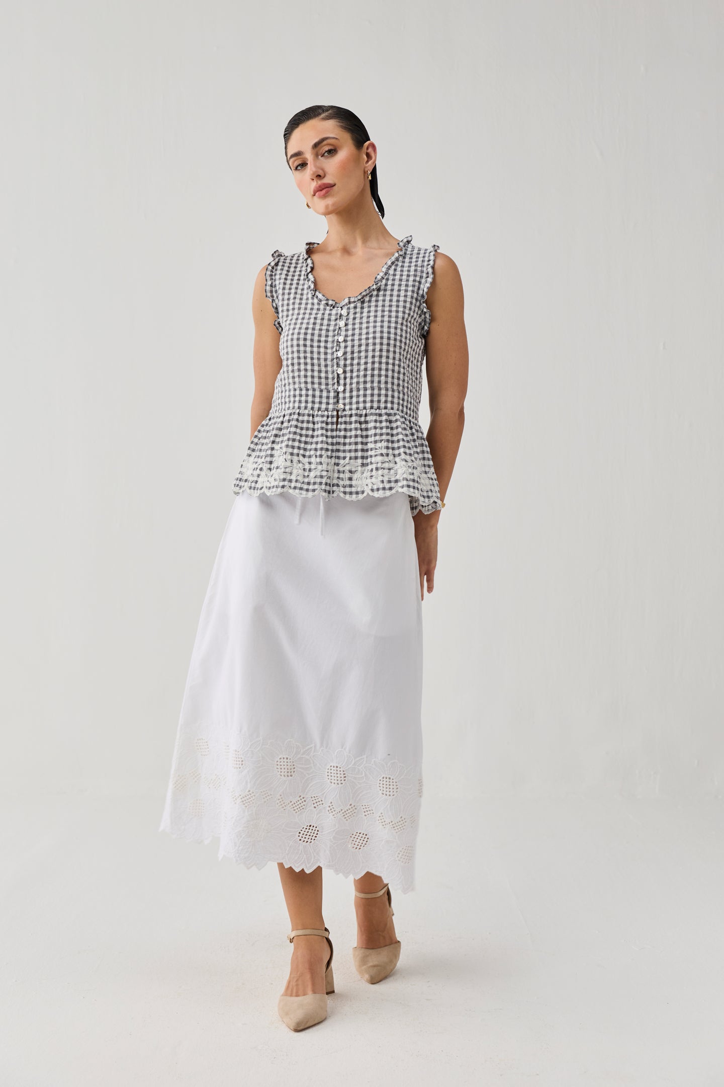 Embroidered Peplum Top in Grey Check