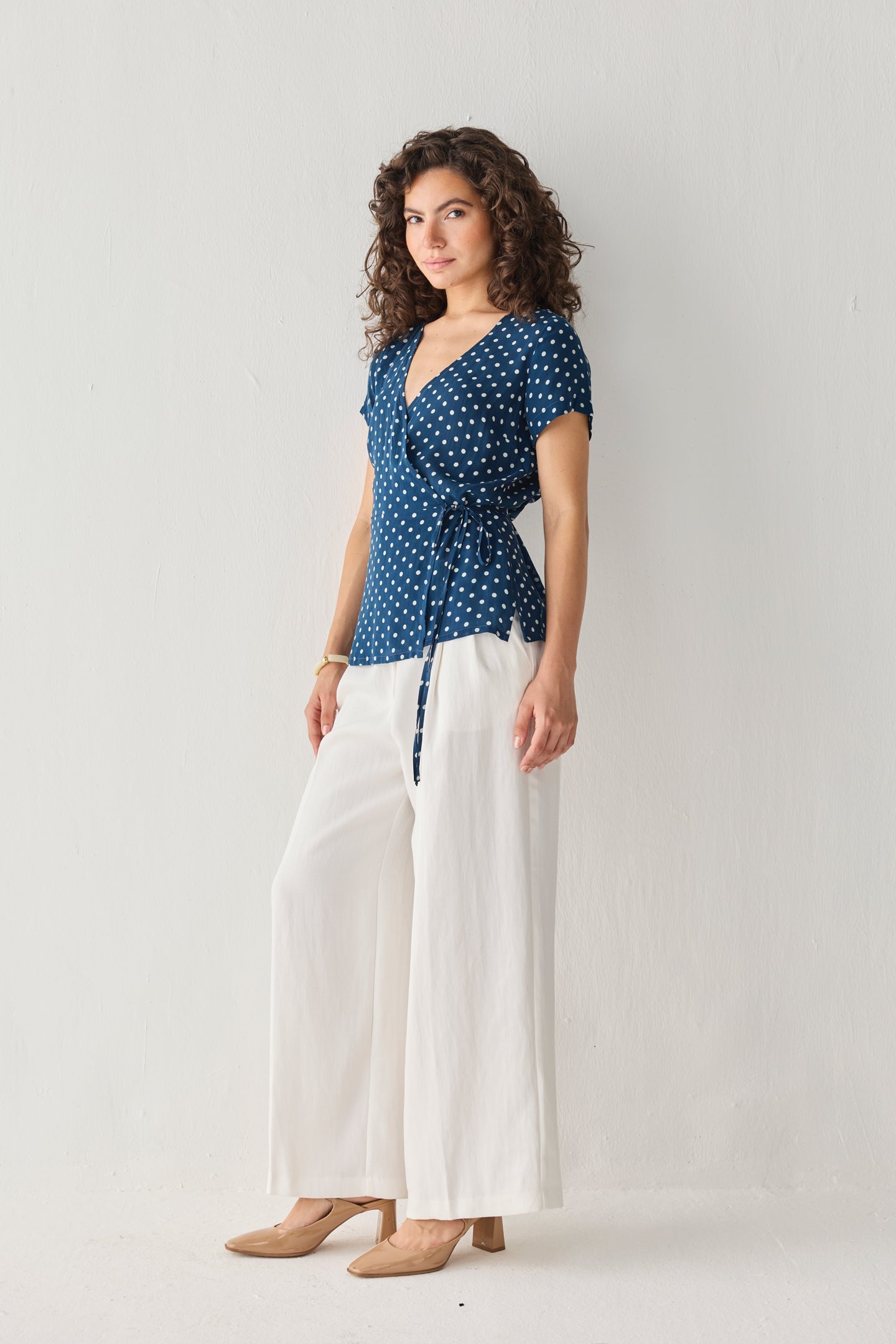 Wrap-Around Top in Navy Blue Polka