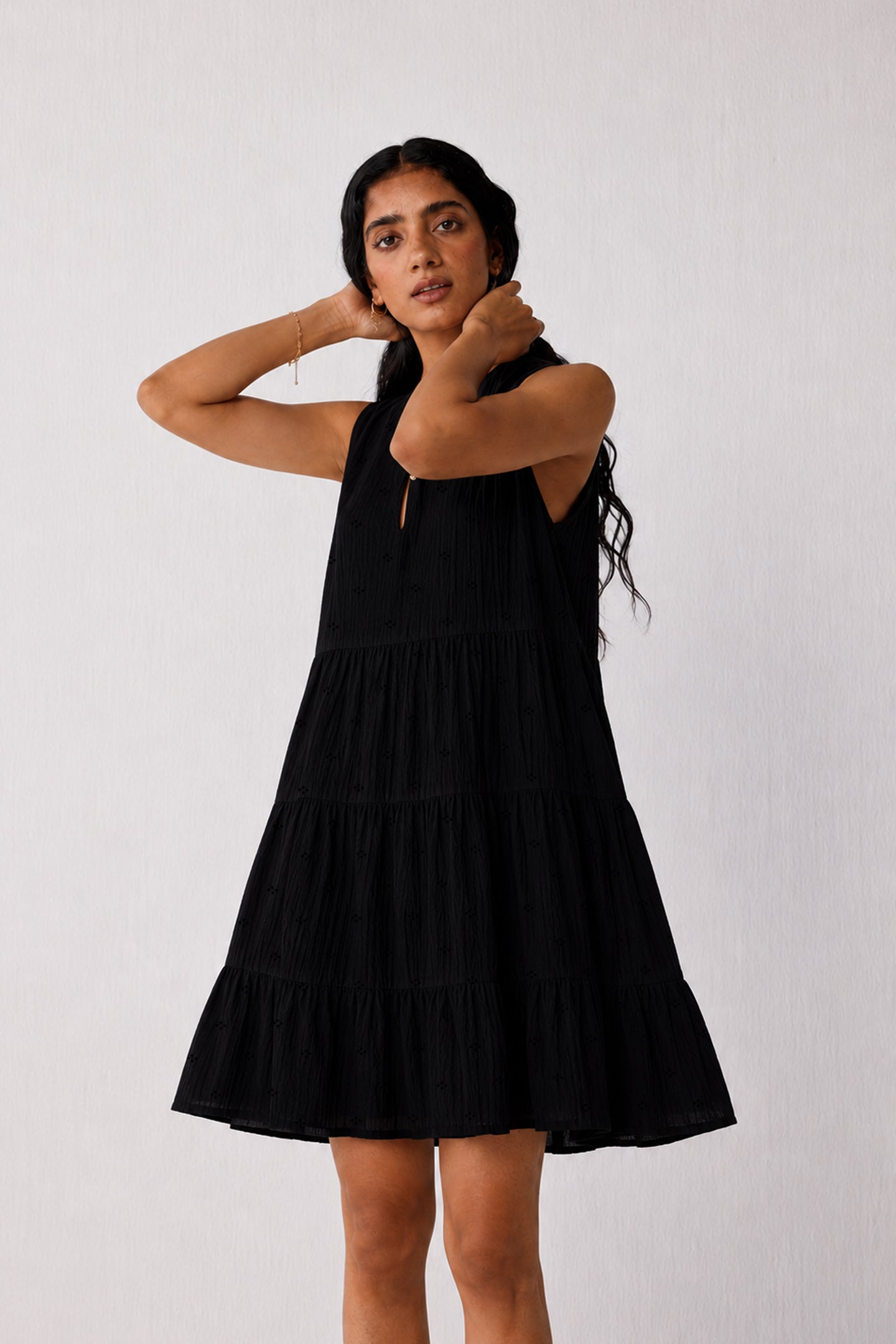 Embroidered Everyday Sleeveless Short Tiered Dress in Black
