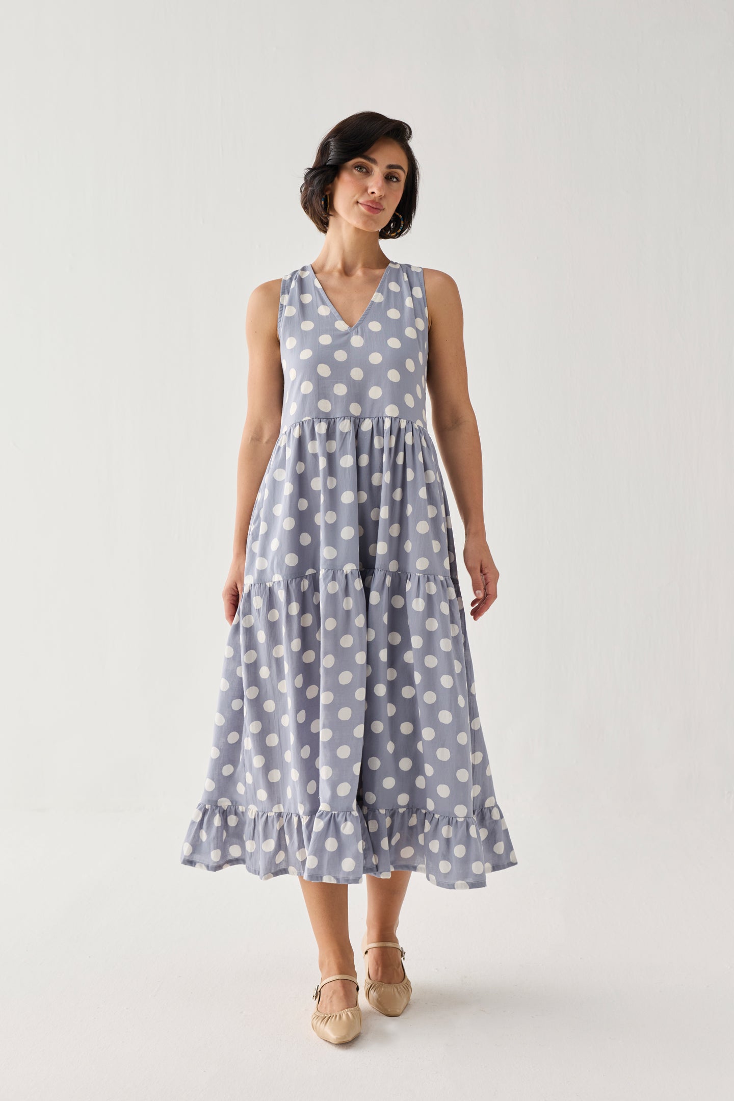 Tiered Midi Dress in Blue Polka