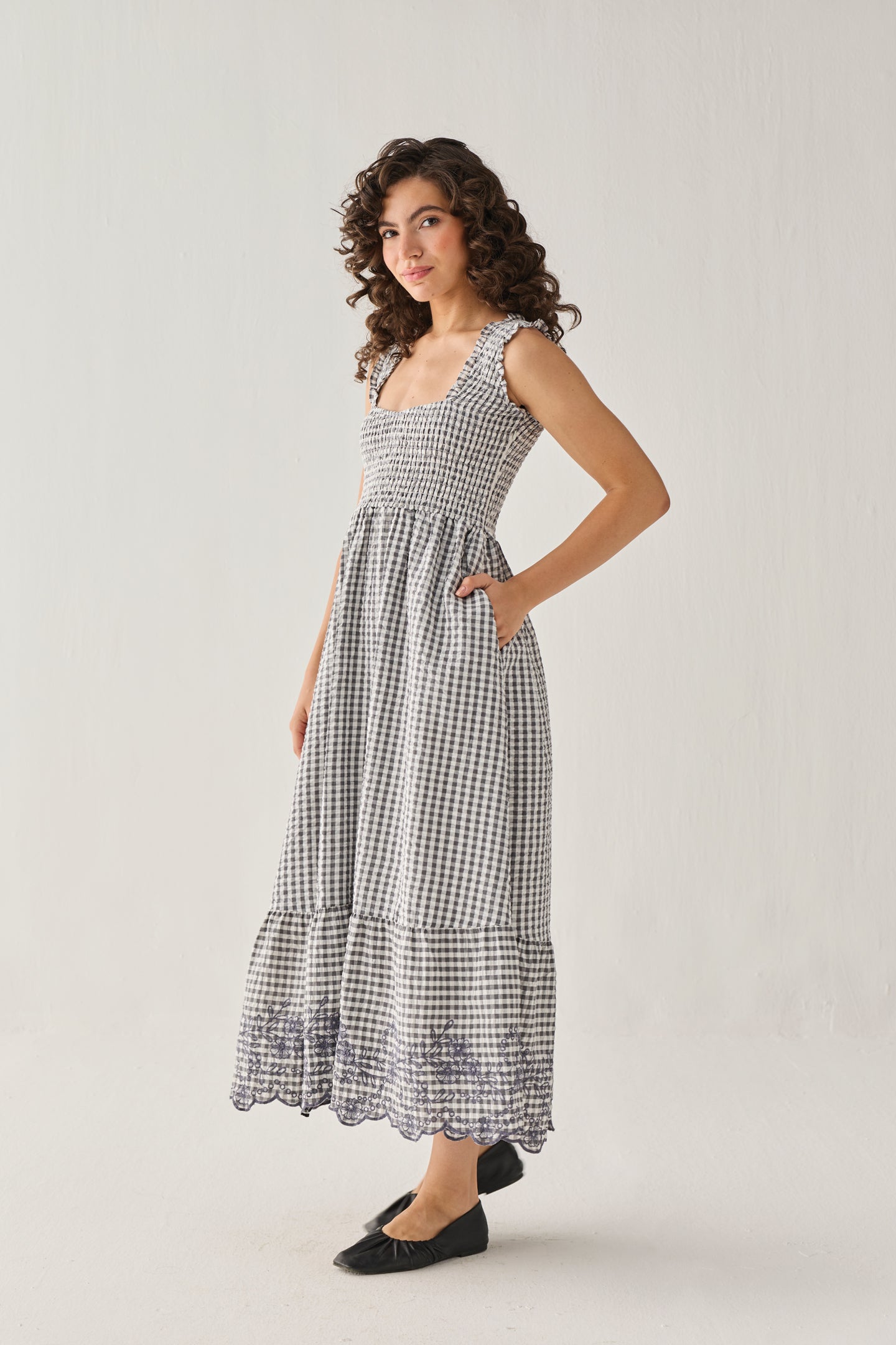 The Smocked Maxi Dress in Grey Check