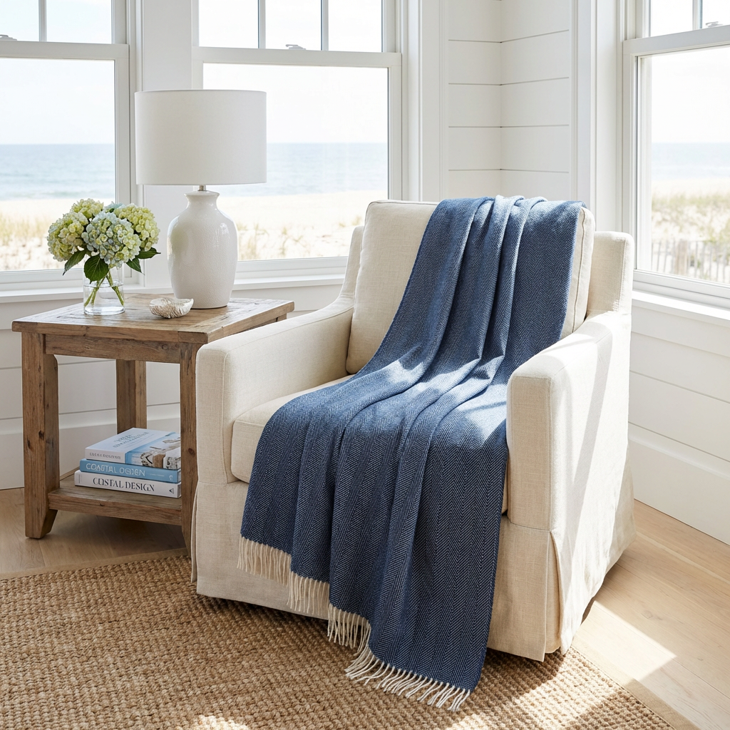 Southampton Home Merino Wool Herringbone Throw - Classic Navy