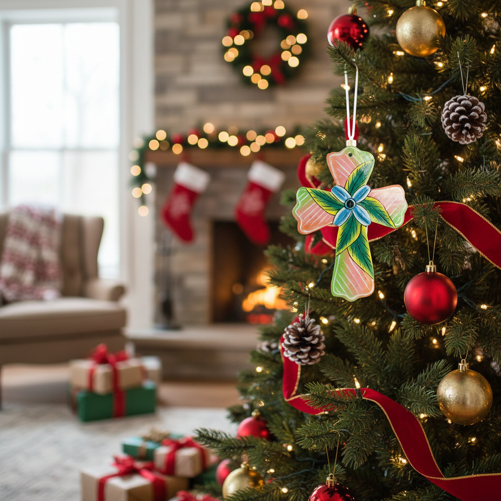 Painted Leaf Cross Ornament