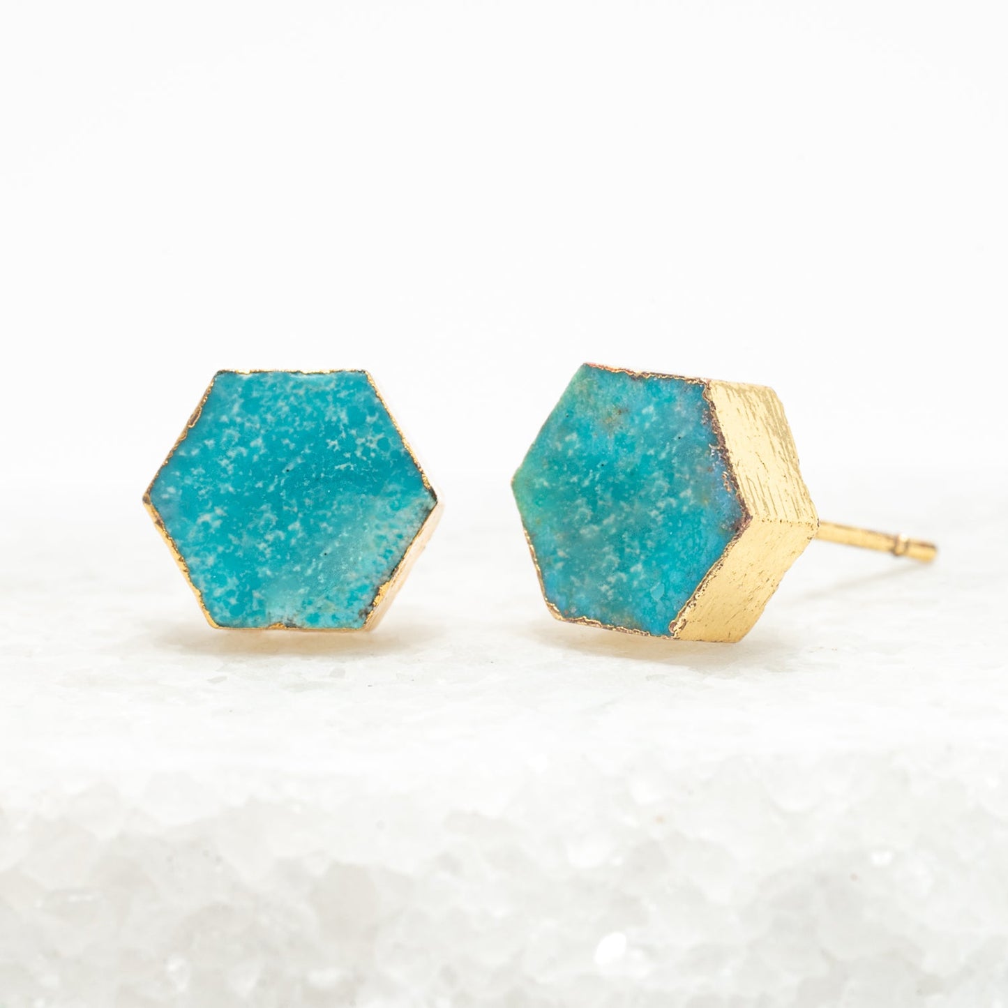 A pair of ocean turquoise, gold stud earrings, women's artisan jewelry, like pandora, unique gifts for Christmas, cute and quality earrings