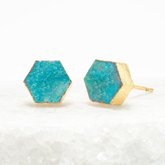 A pair of ocean turquoise, gold stud earrings, women's artisan jewelry, like pandora, unique gifts for Christmas, cute and quality earrings