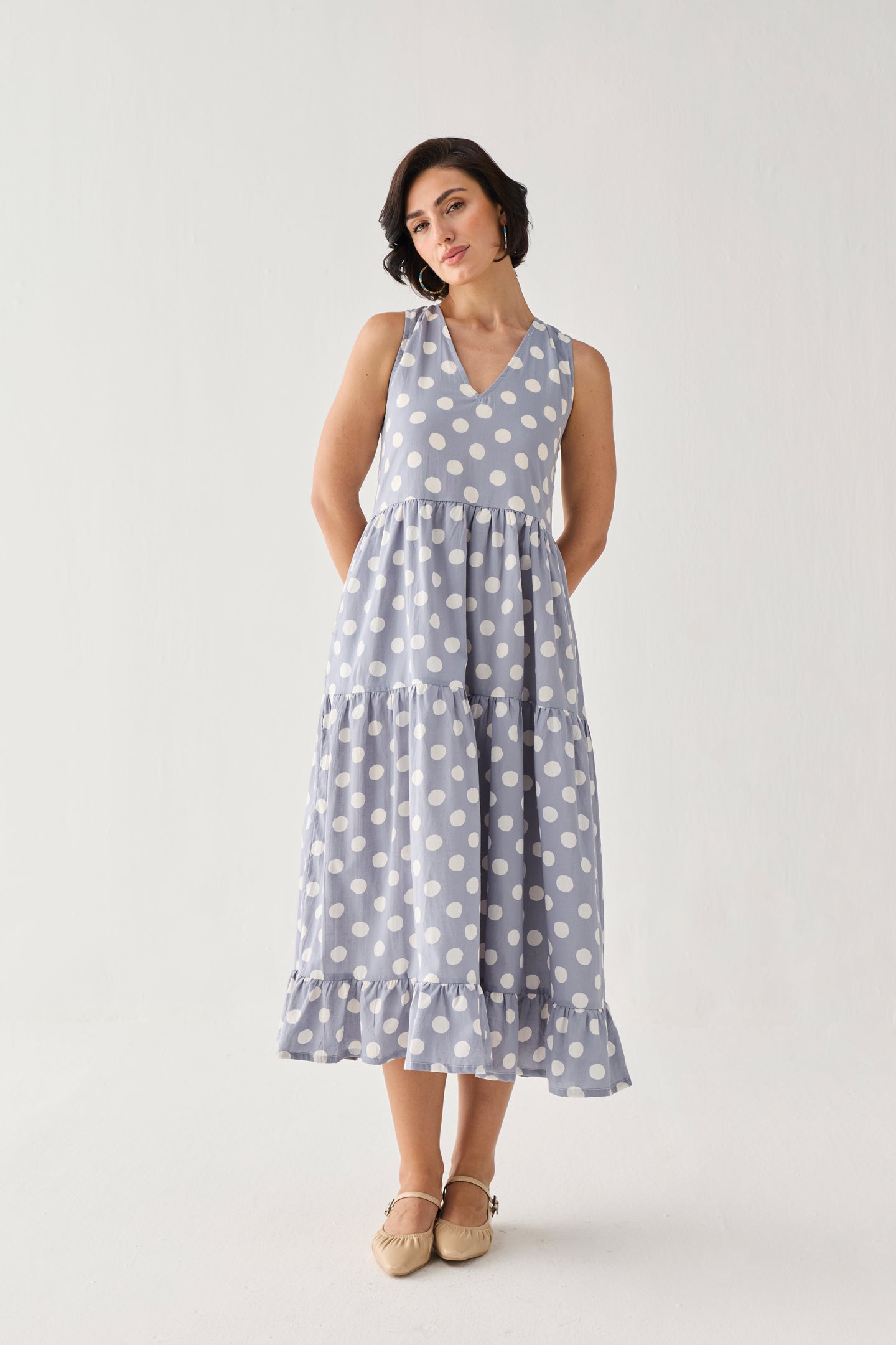 Tiered Midi Dress in Blue Polka