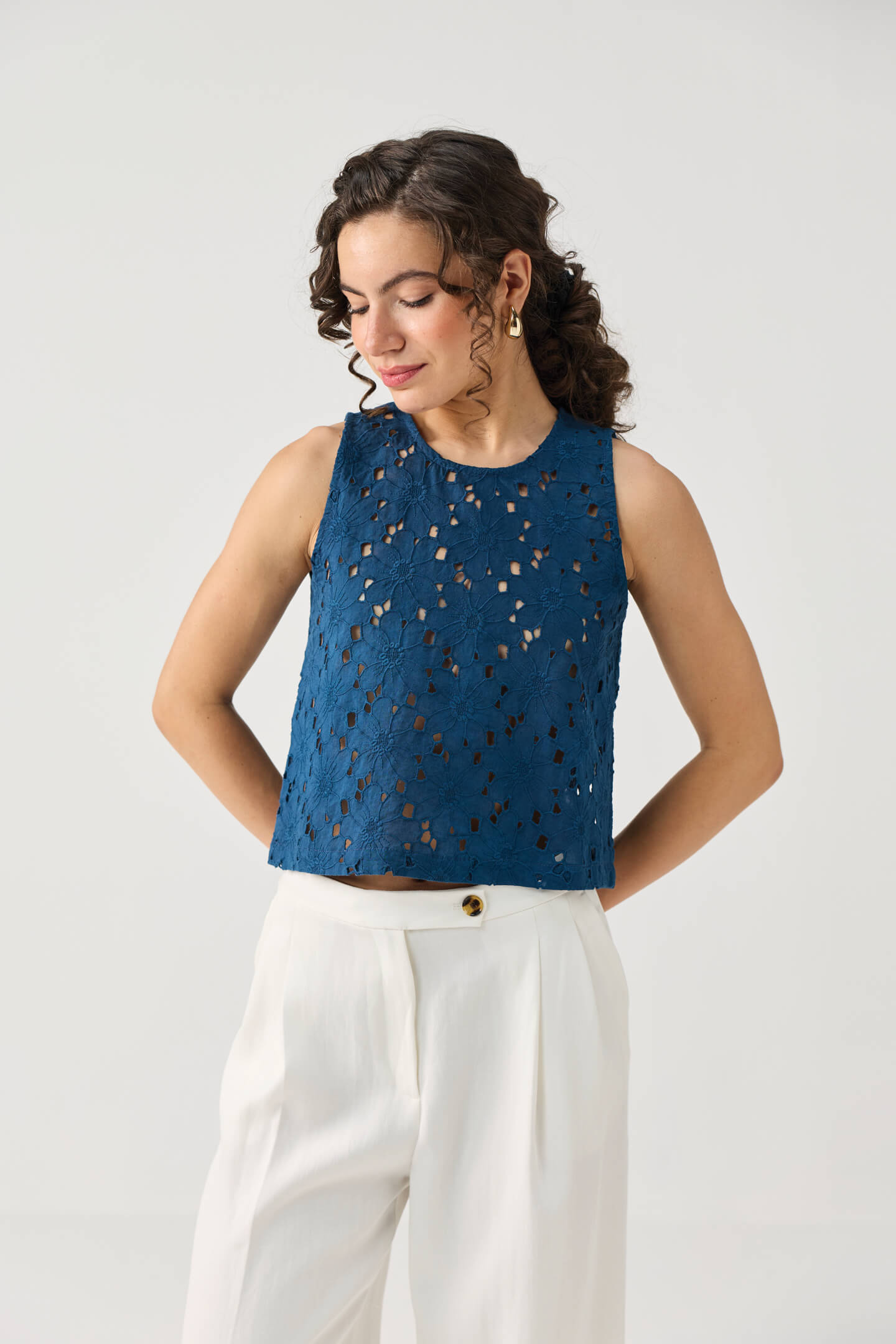 The Embroidered Button Back Top in Blue