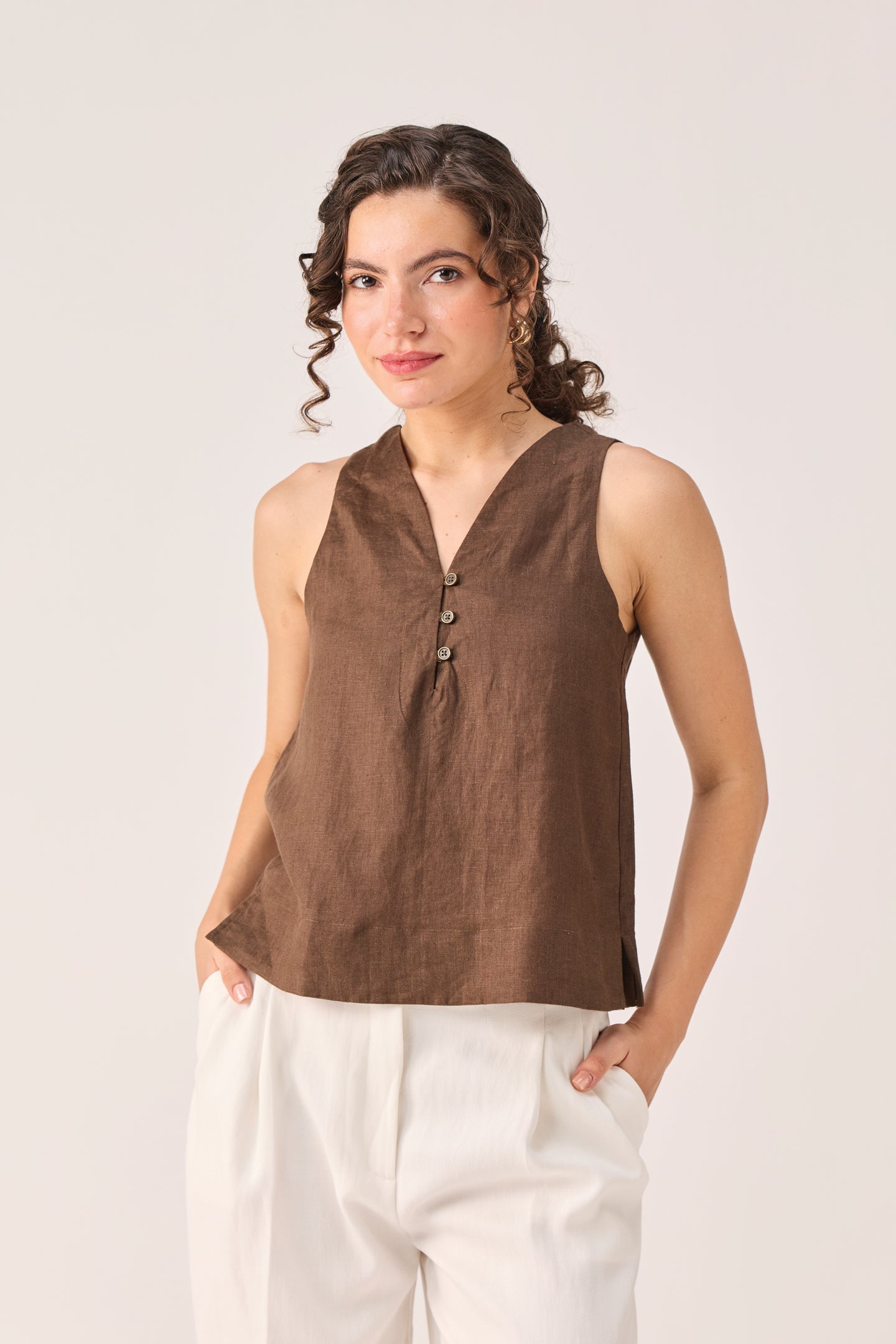 The Button Neck Top in Brown