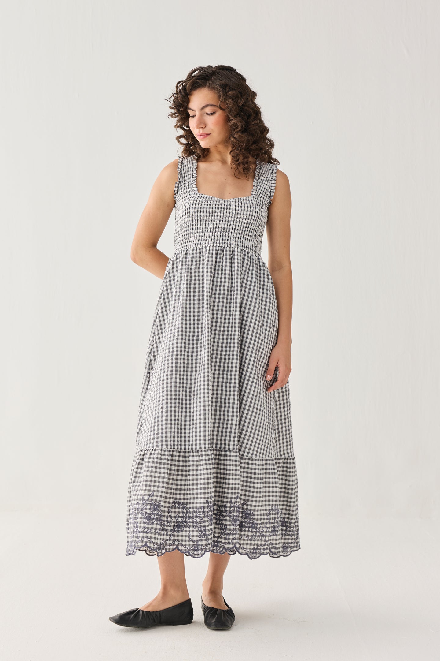 The Smocked Maxi Dress in Grey Check