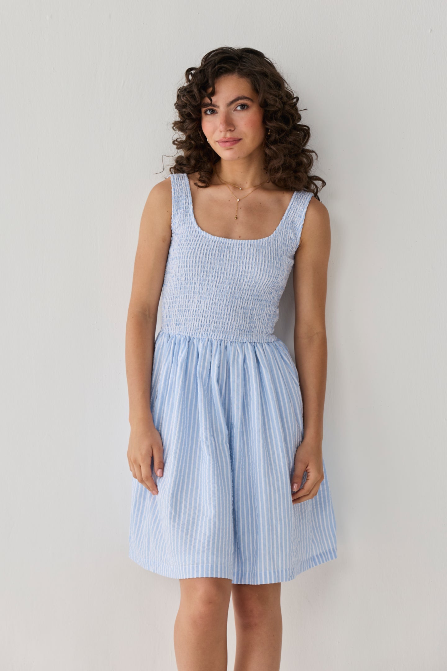 Smocked Short Dress in Blue Stripes