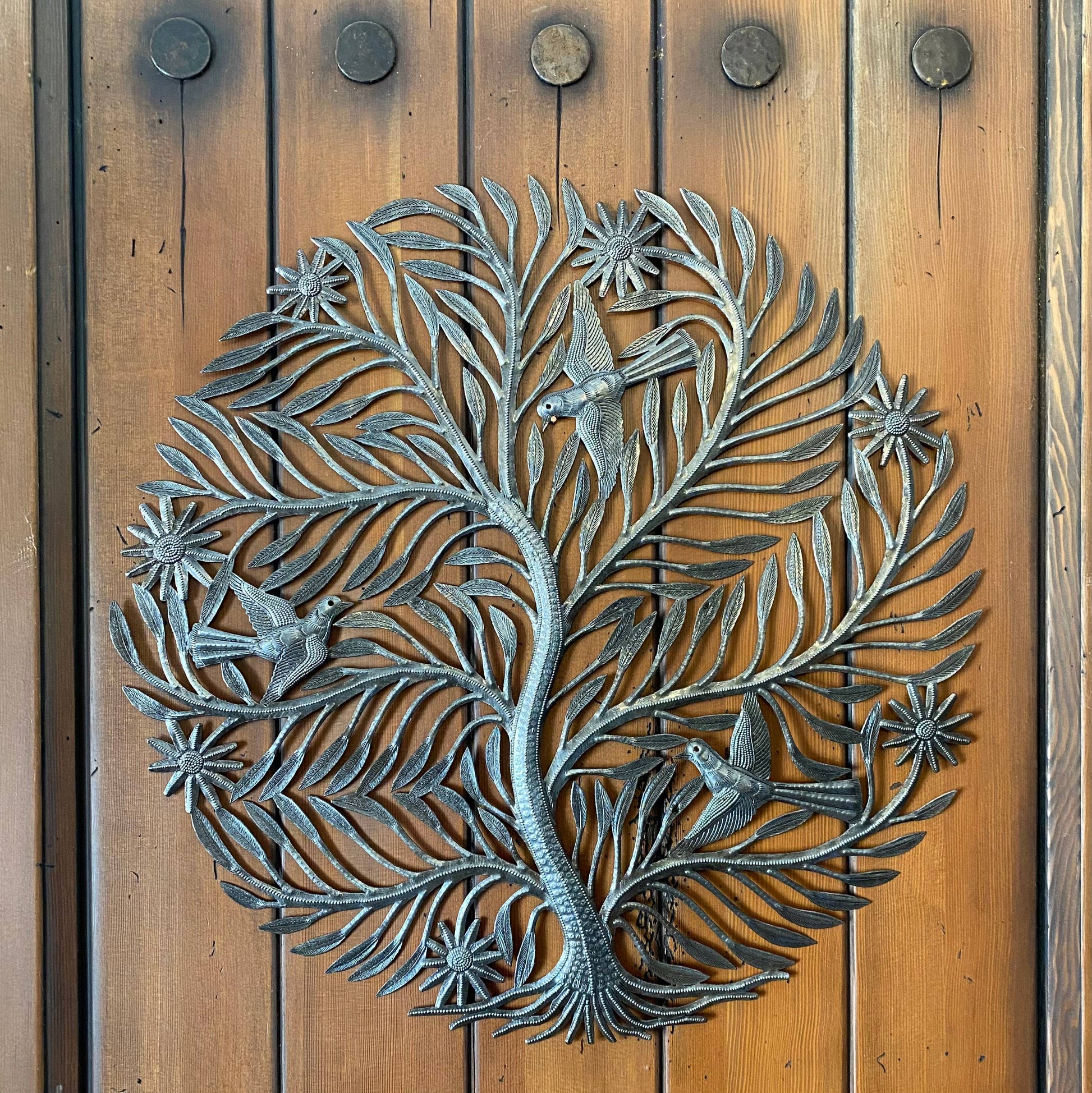 Delicate Cut Tree with Birds, Haitian Wall Hanging 23 Inch