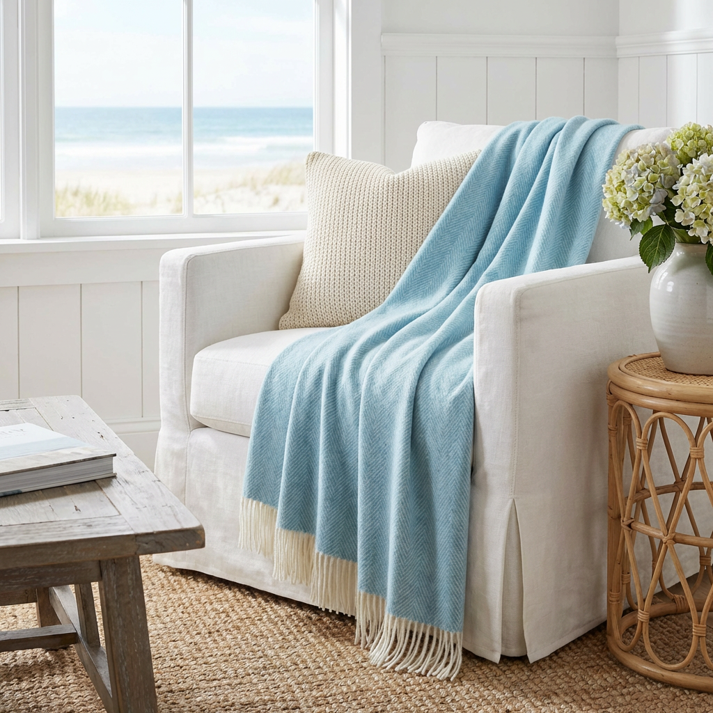 Southampton Home Merino Wool Herringbone Throw - Sky Blue