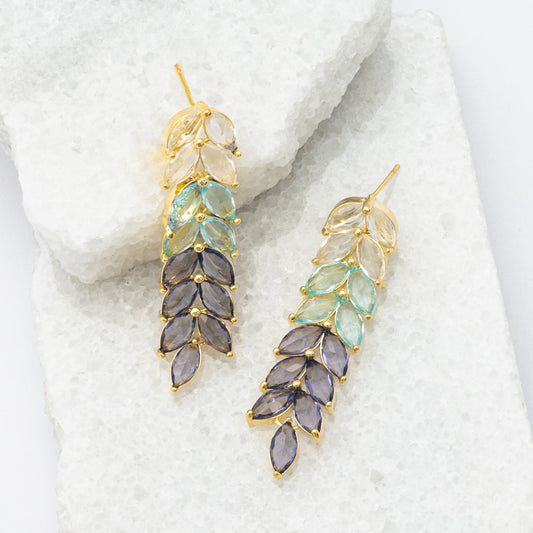 Crystal wedding earrings for women, jewelry for wedding day, beautiful dangling earrings, colorful earrings, leaf shaped earrings