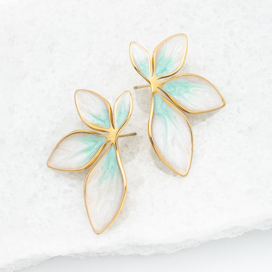 Picture of leaf-shaped earrings, mint and gold earrings, women's earrings, jewelry business, jewelry shop near me, fair trade company