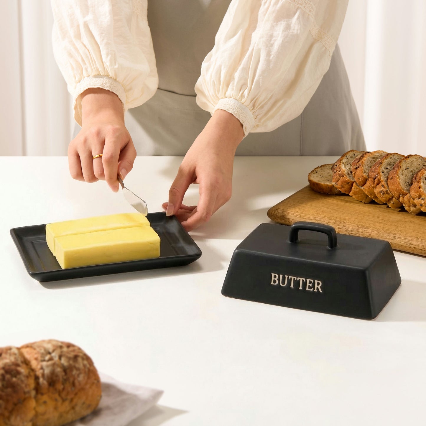 Ceramic Extra Large Butter Dish with Lid, White