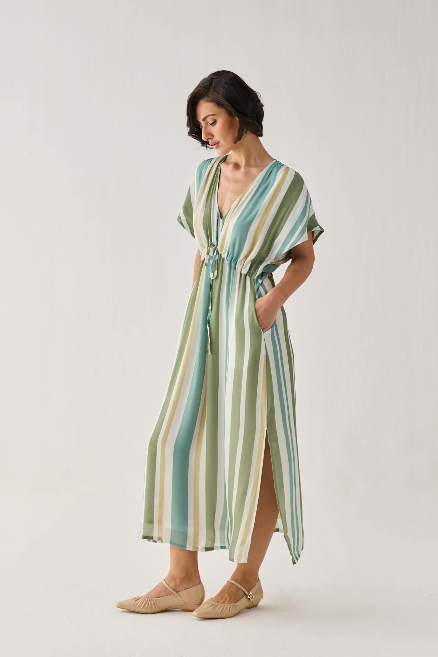 Gathered Maxi Dress in Stripes
