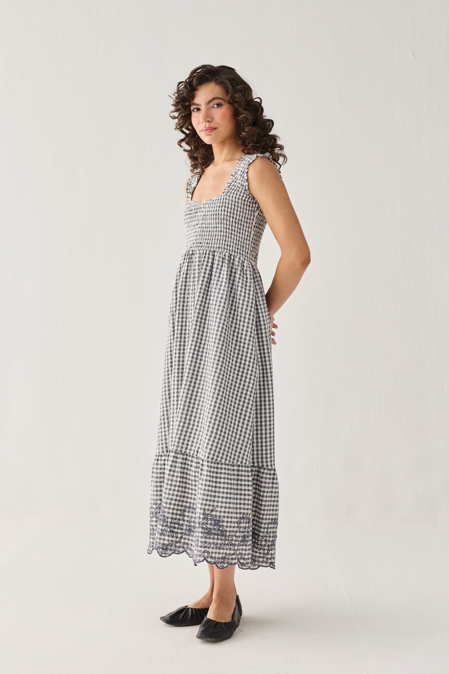 The Smocked Maxi Dress in Grey Check