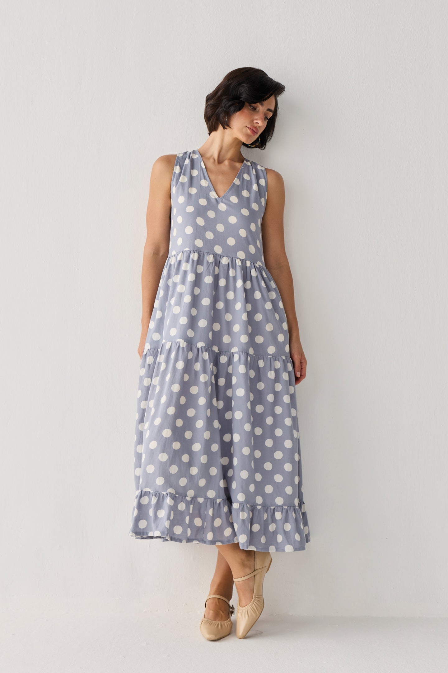 Tiered Midi Dress in Blue Polka