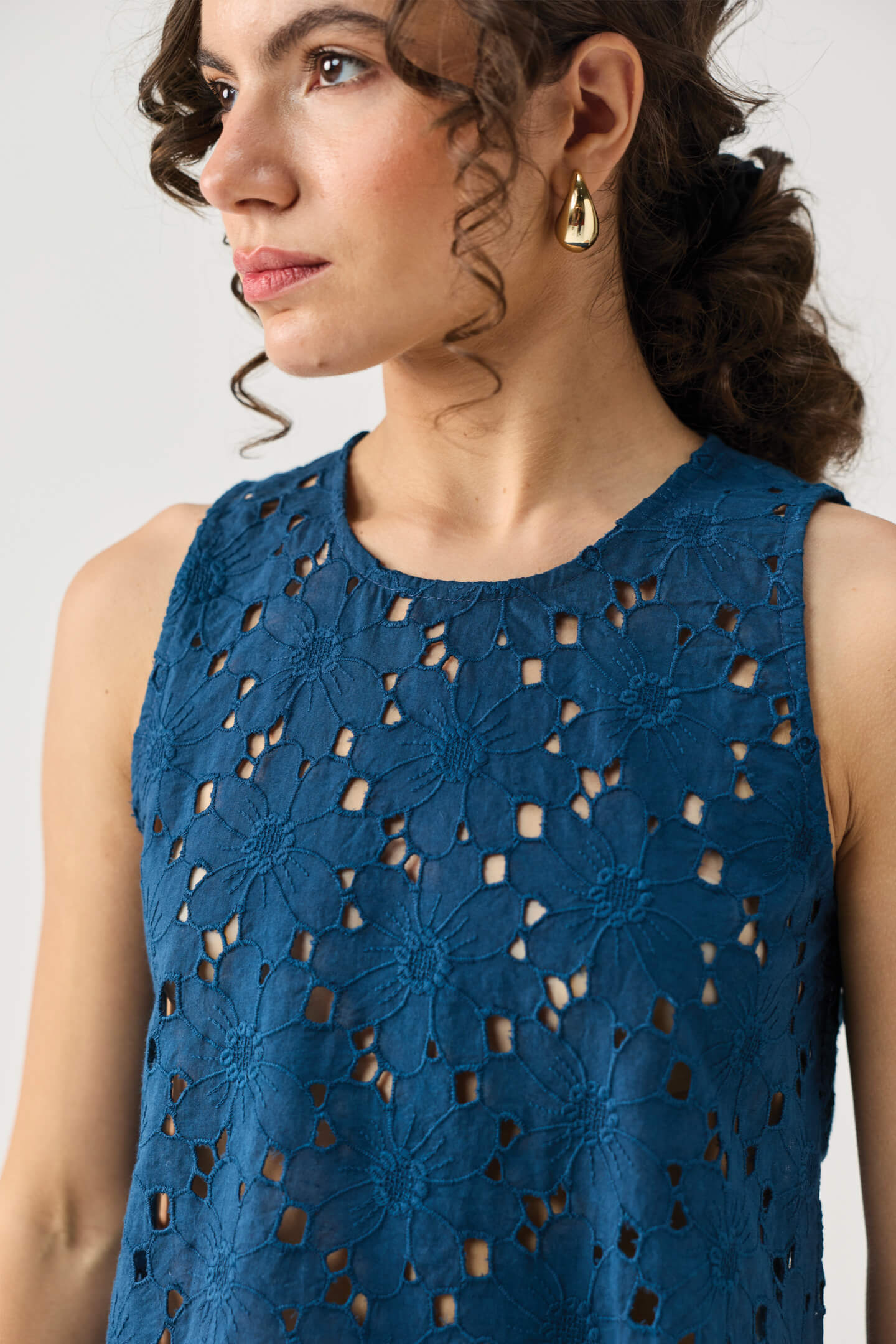The Embroidered Button Back Top in Blue