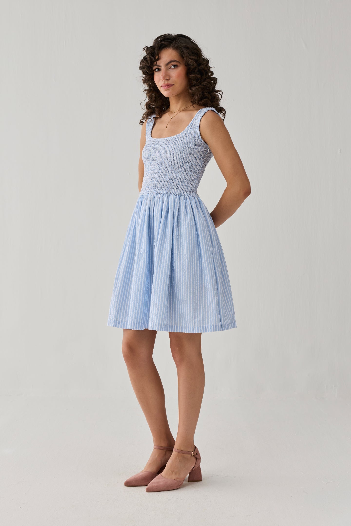 Smocked Short Dress in Blue Stripes