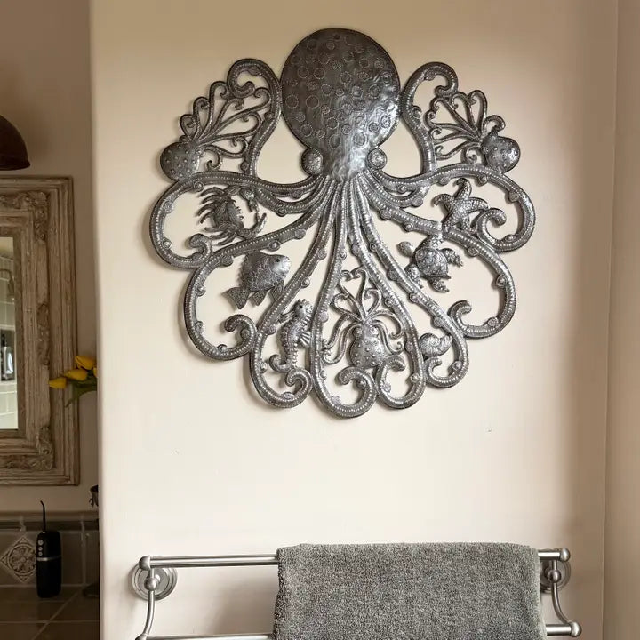 Haitian Metal Octopus Wall Art 23x23 Hand Chiseled Steel 