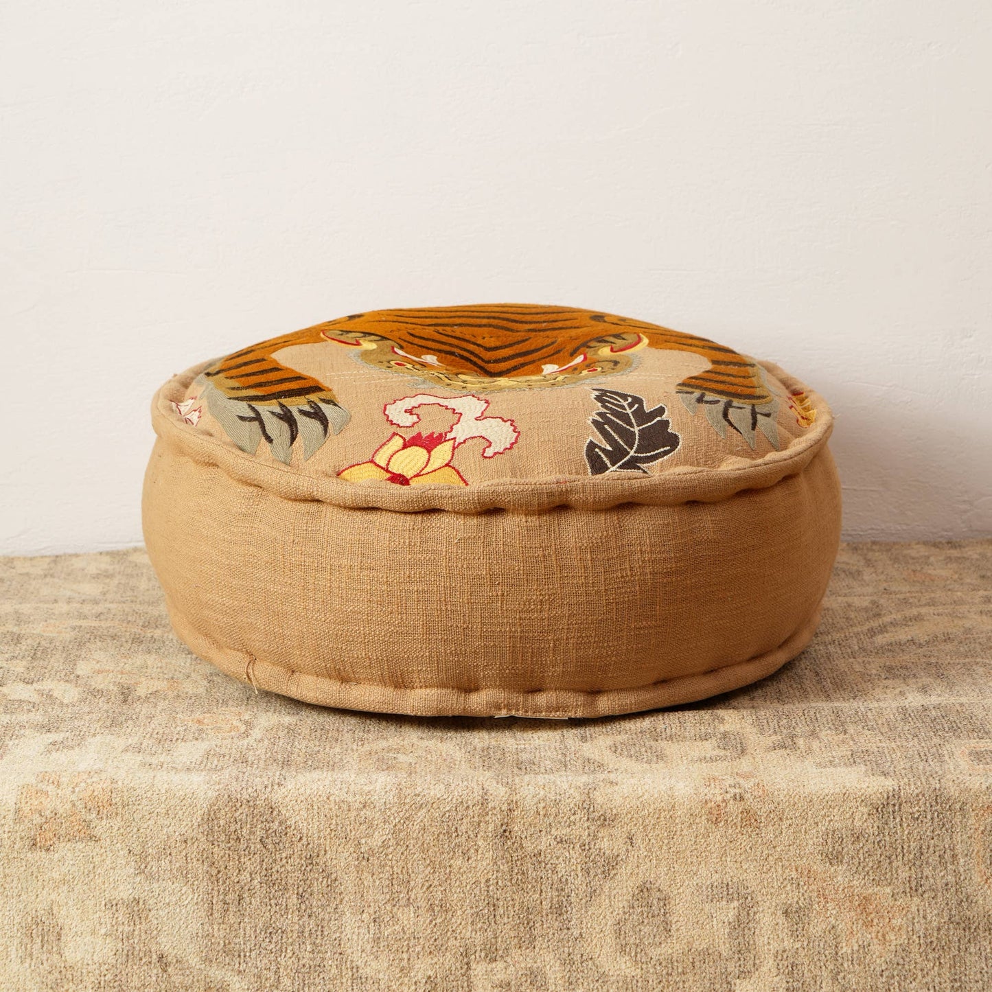 Floor Pouf with Tiger Print Embroidery