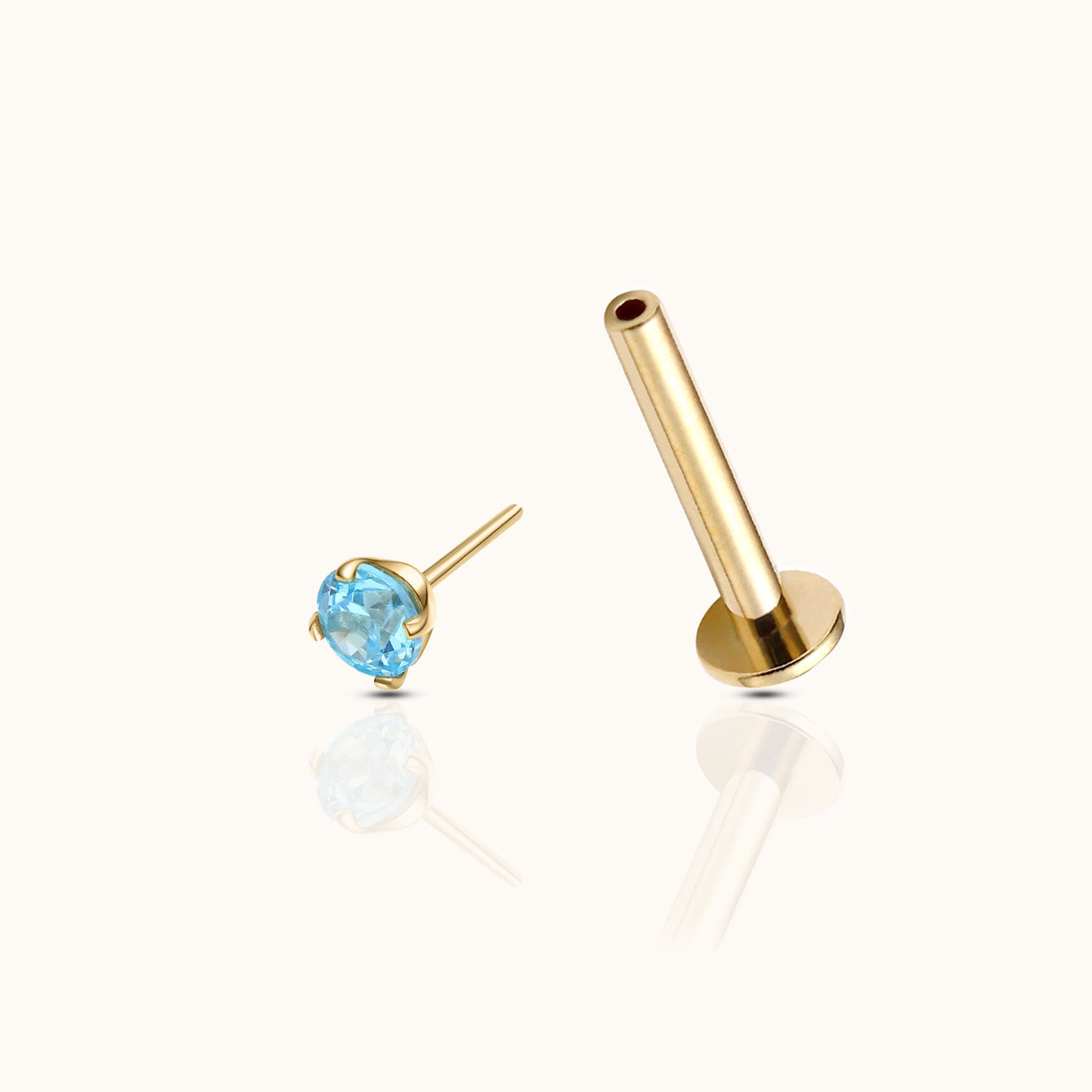 14K Solid Gold 2mm Aquamarine CZ Threadless Labret Flat Back Earring