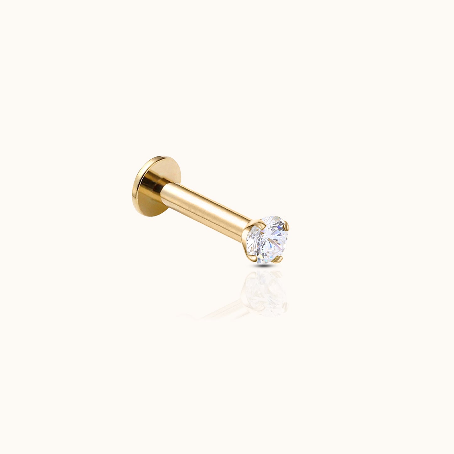 14K Solid Gold 2mm White CZ Threadless Labret Flat Back Earring