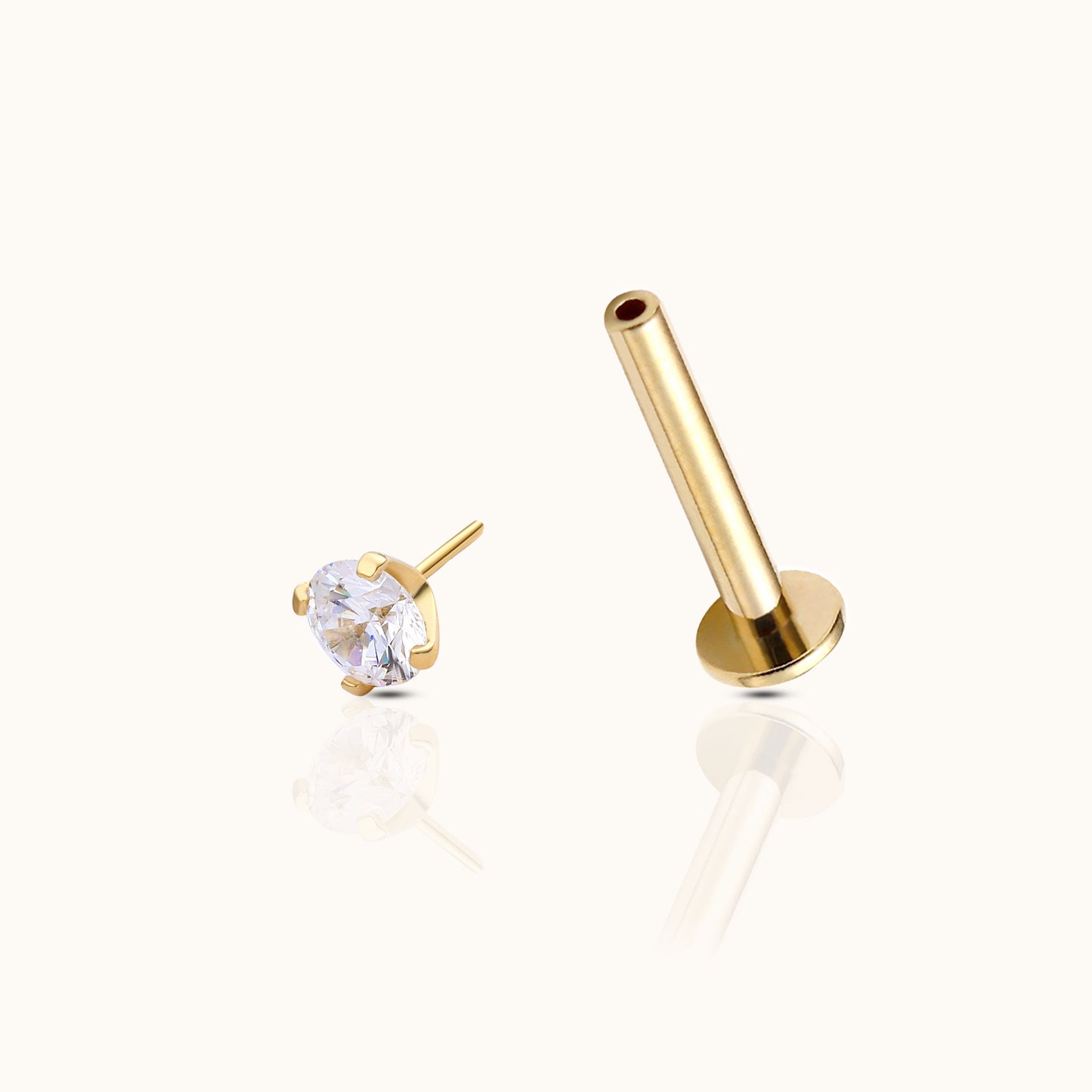 14K Solid Gold 2mm White CZ Threadless Labret Flat Back Earring