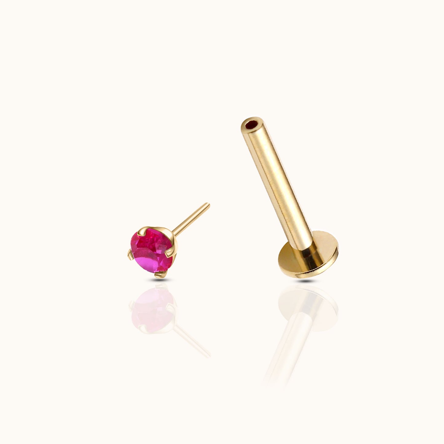 14K Solid Gold 2mm Ruby CZ Threadless Labret Flat Back Earring