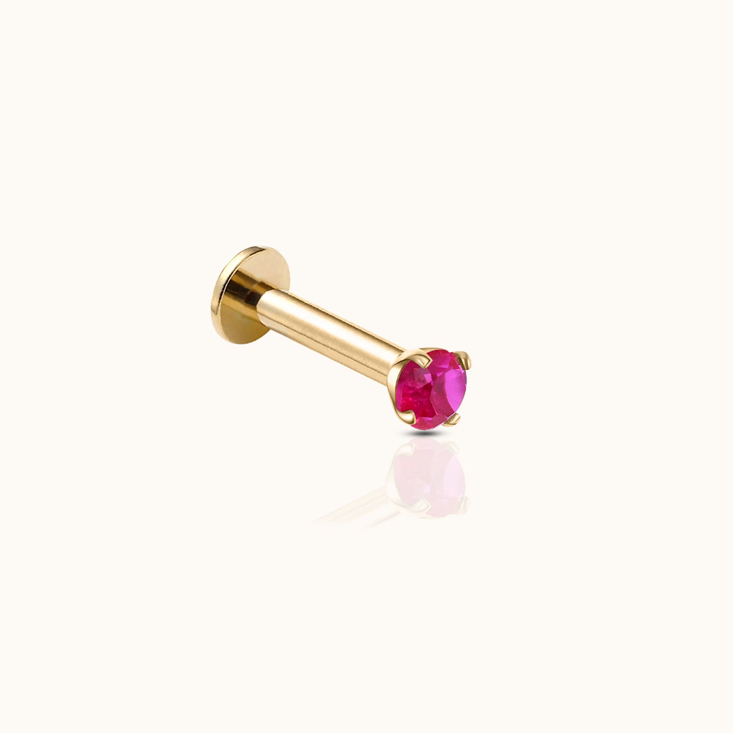 14K Solid Gold 2mm Ruby CZ Threadless Labret Flat Back Earring