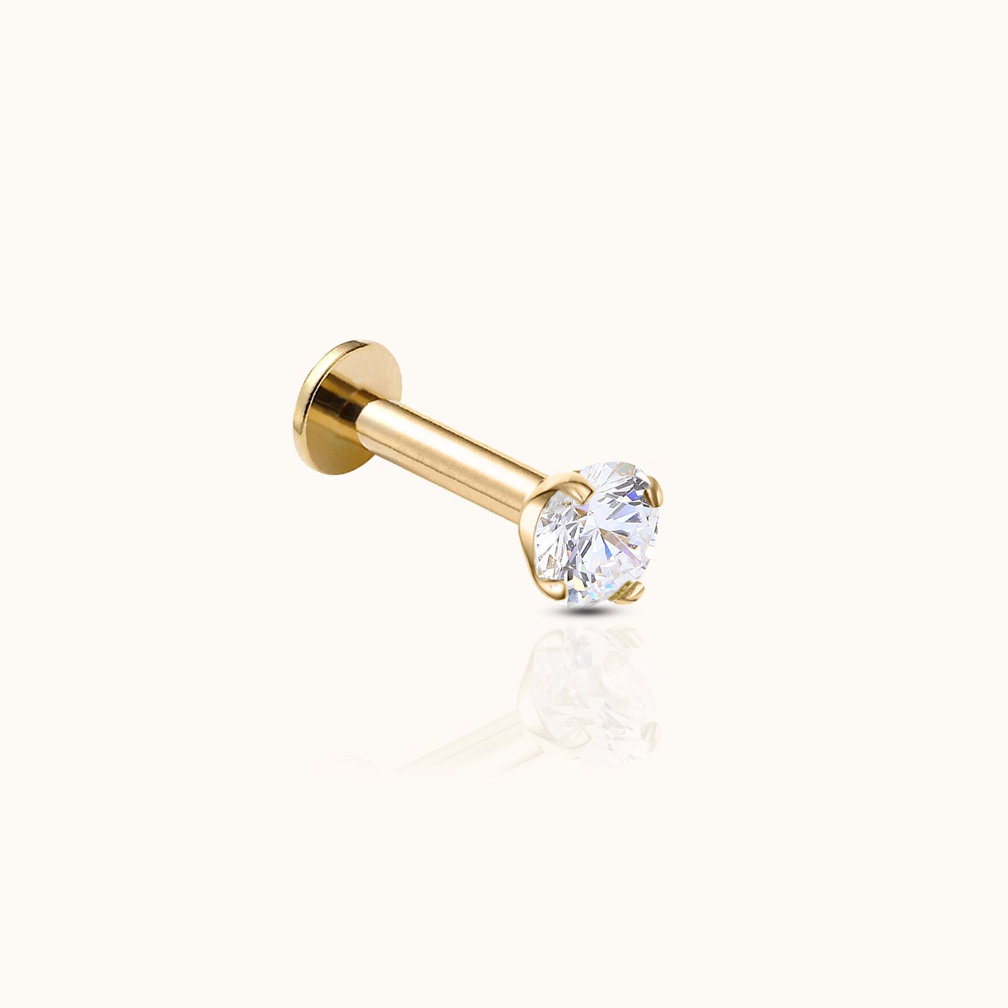 14K Solid Gold 3mm White CZ Threadless Labret Flat Back Earring