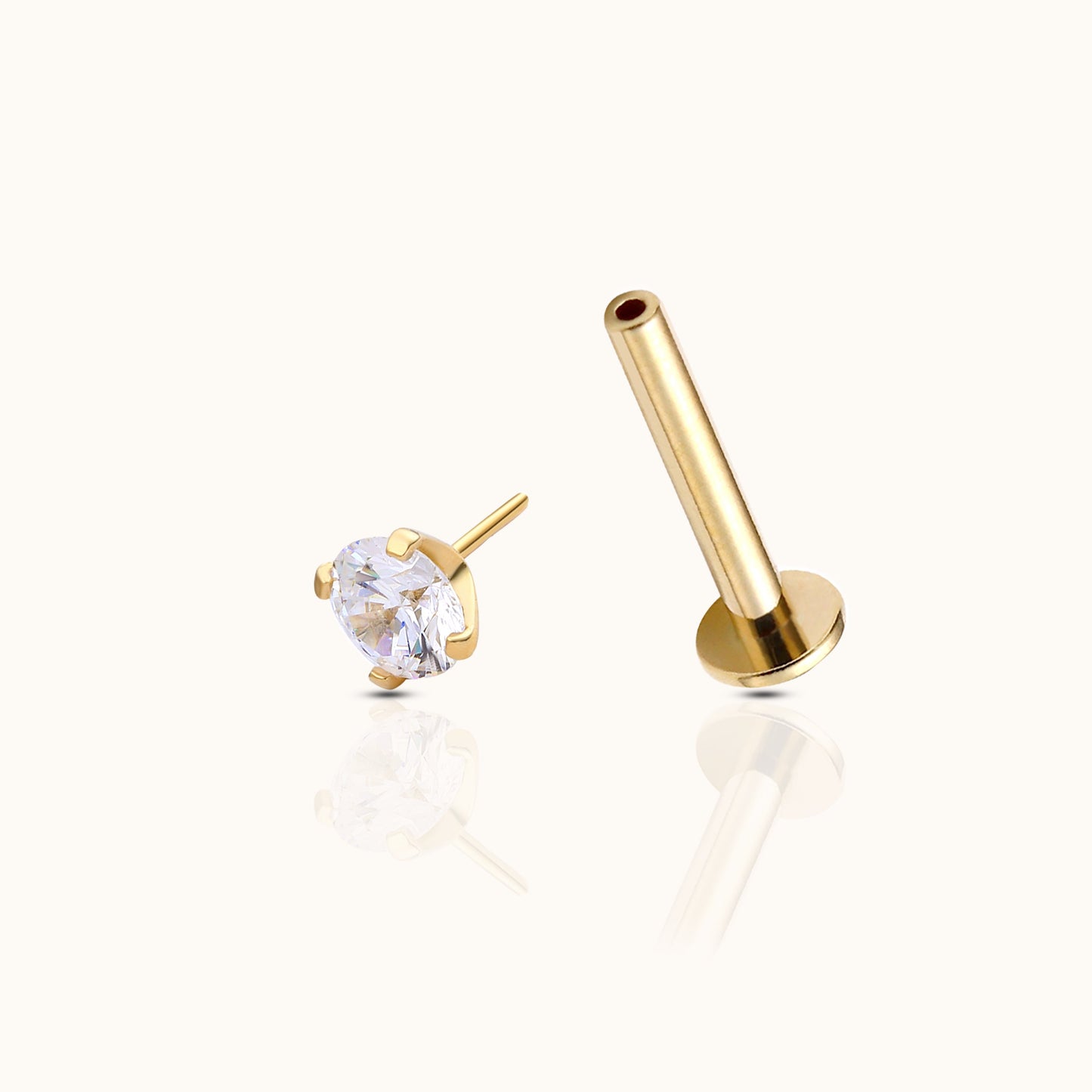 14K Solid Gold 4mm White CZ Threadless Labret Flat Back Earring