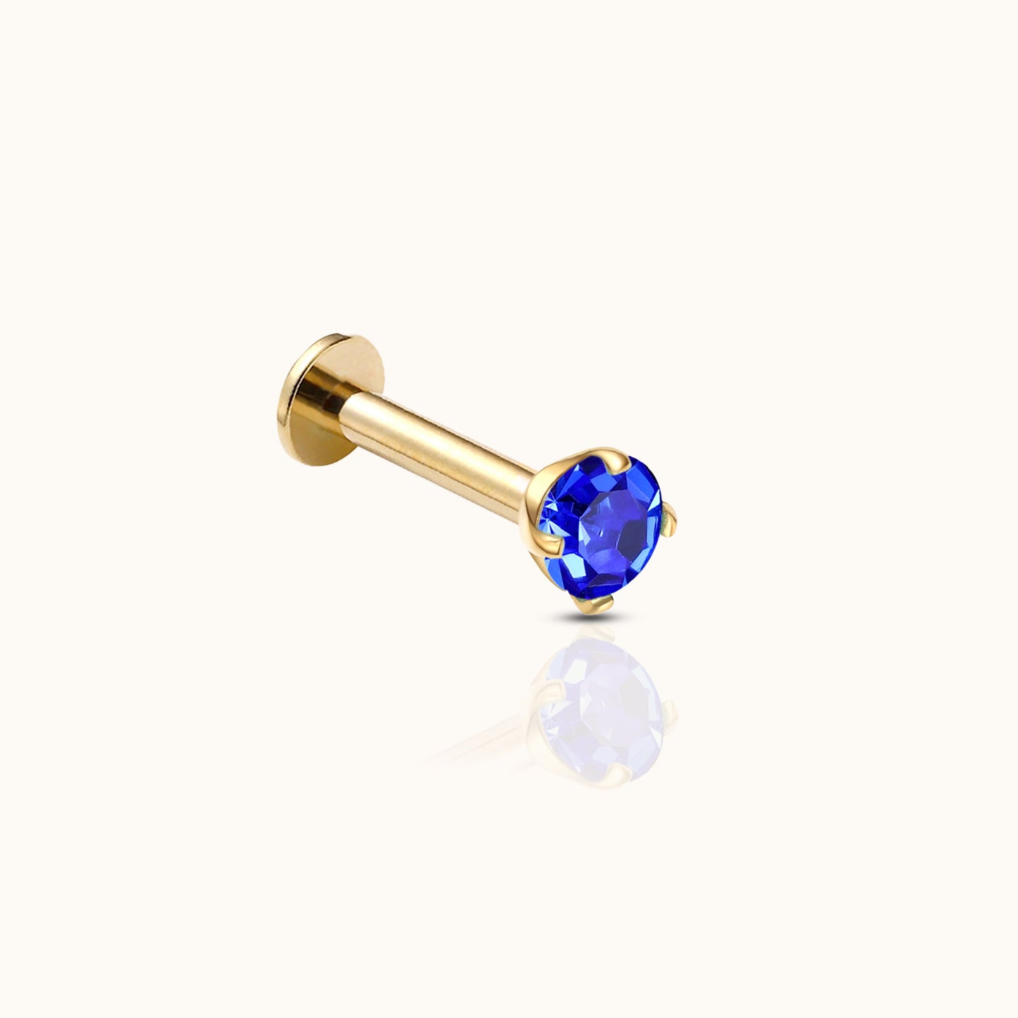 14K Solid Gold 3mm Midnight Blue CZ Threadless Labret Flat Back Earring