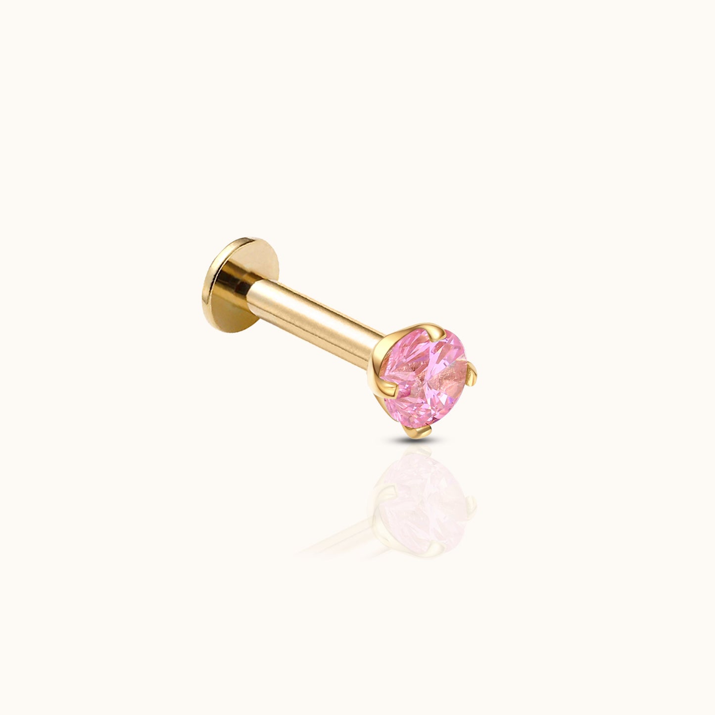 14K Solid Gold 3mm Pink CZ Threadless Labret Flat Back Earring