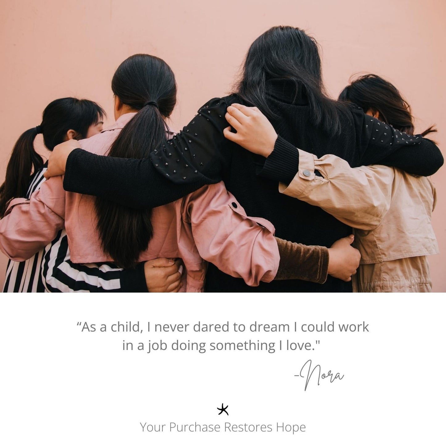 Photo of women hugging one another, Starfish Project, symbolism for hope, symbolism of starfish, hope restored, women's fair trade jewelry, jewelry company  