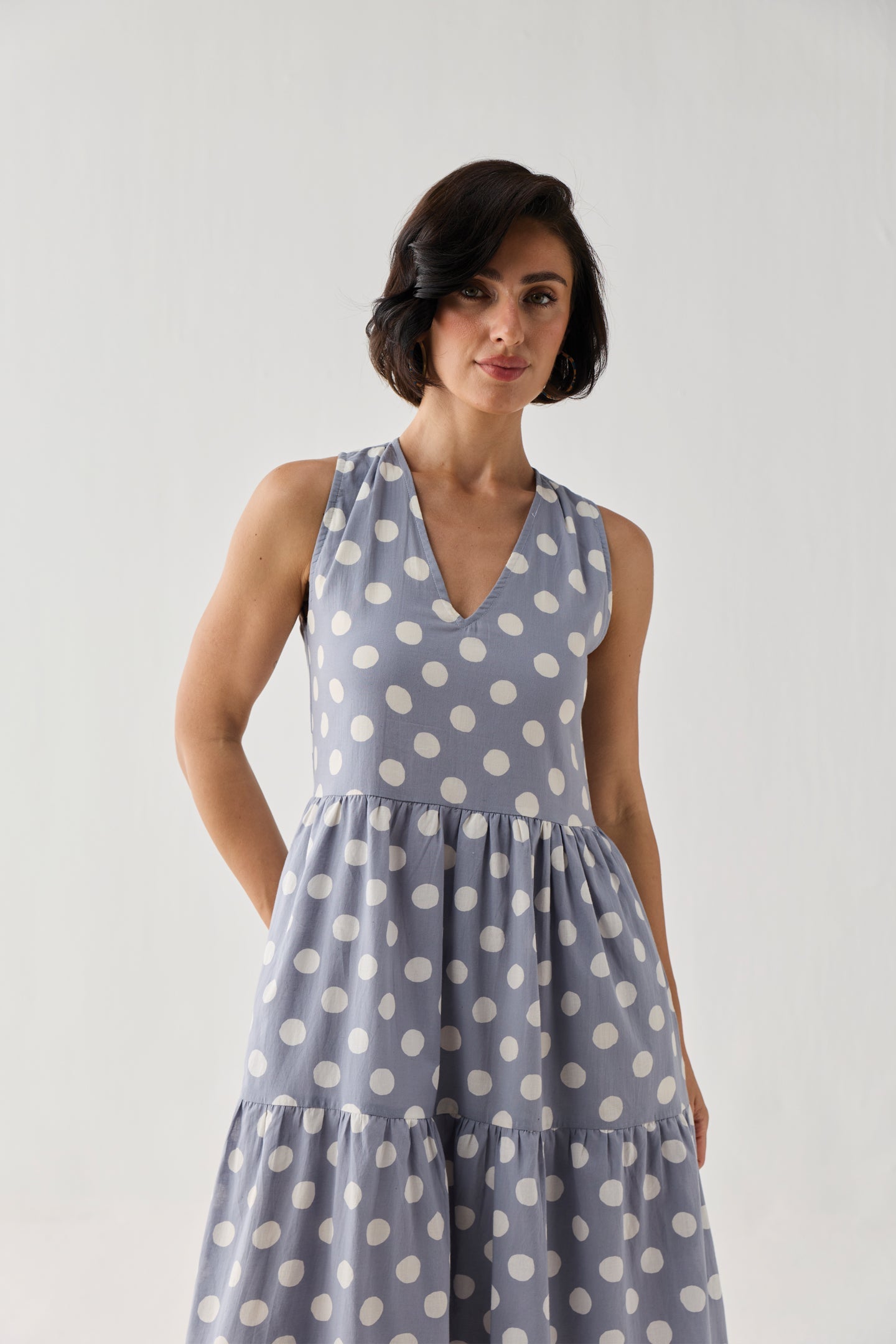 Tiered Midi Dress in Blue Polka