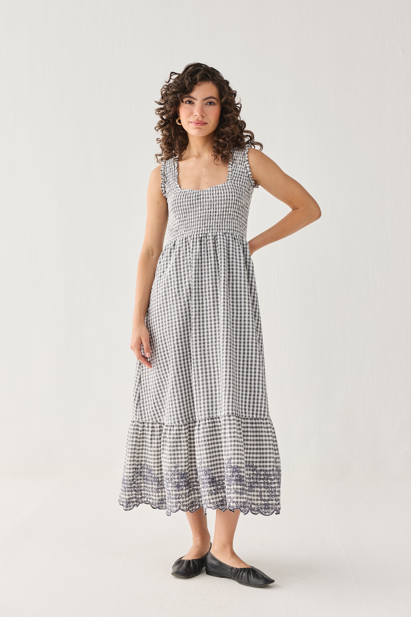 The Smocked Maxi Dress in Grey Check