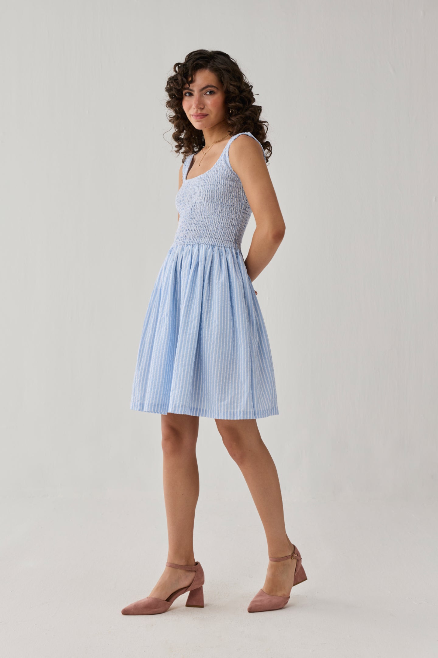 Smocked Short Dress in Blue Stripes