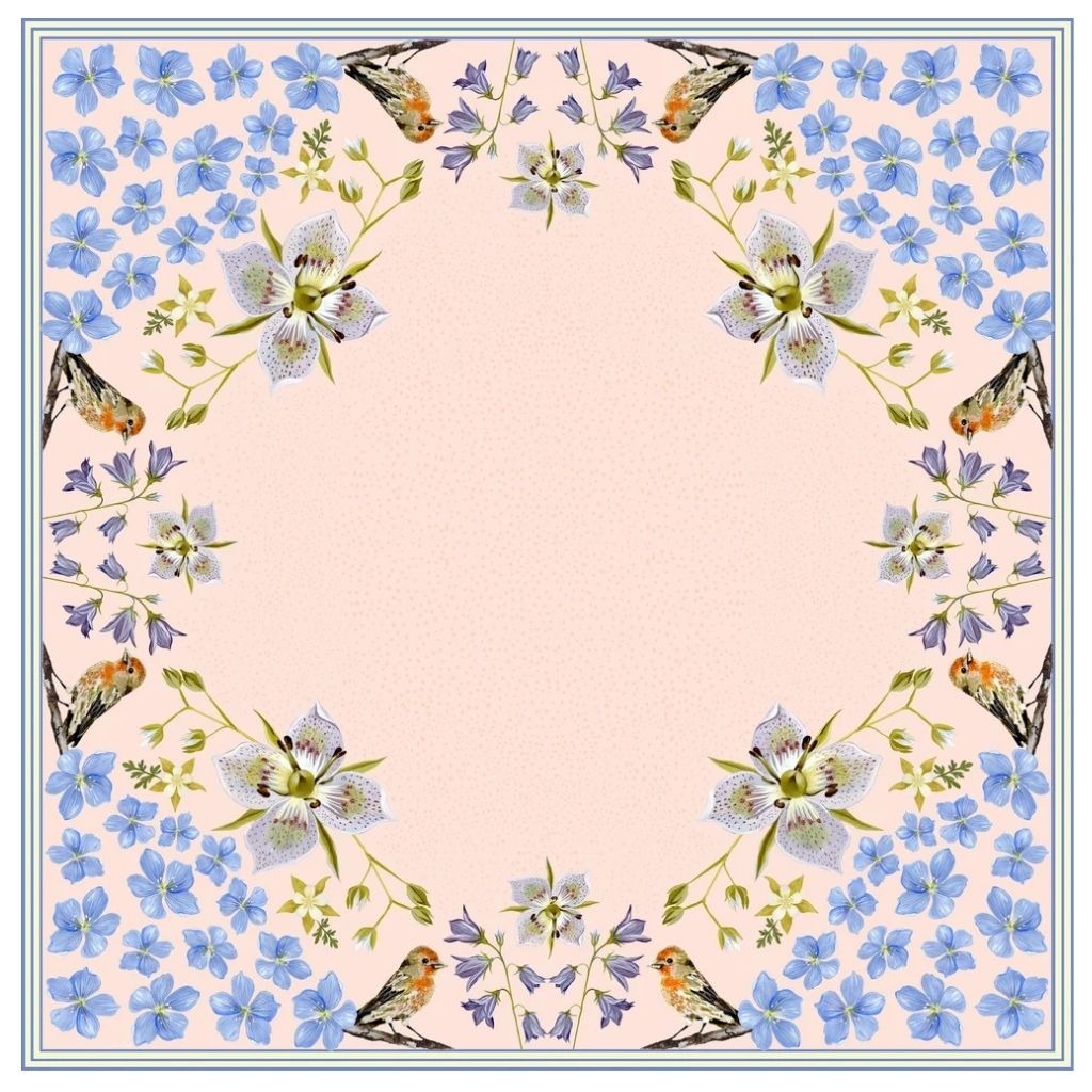 100% Silk Scarf: Pink Gentian - Wildflower Bird Design