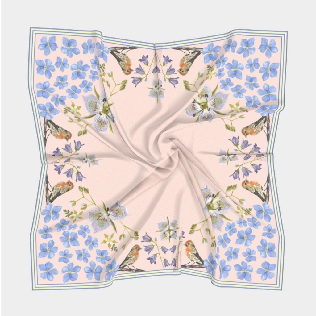 100% Silk Scarf: Pink Gentian - Wildflower Bird Design