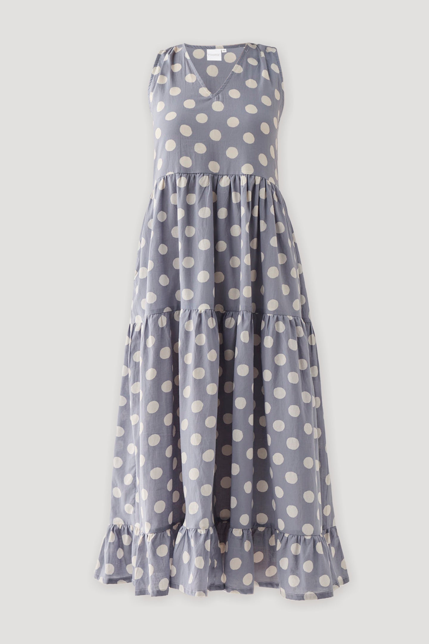 Tiered Midi Dress in Blue Polka