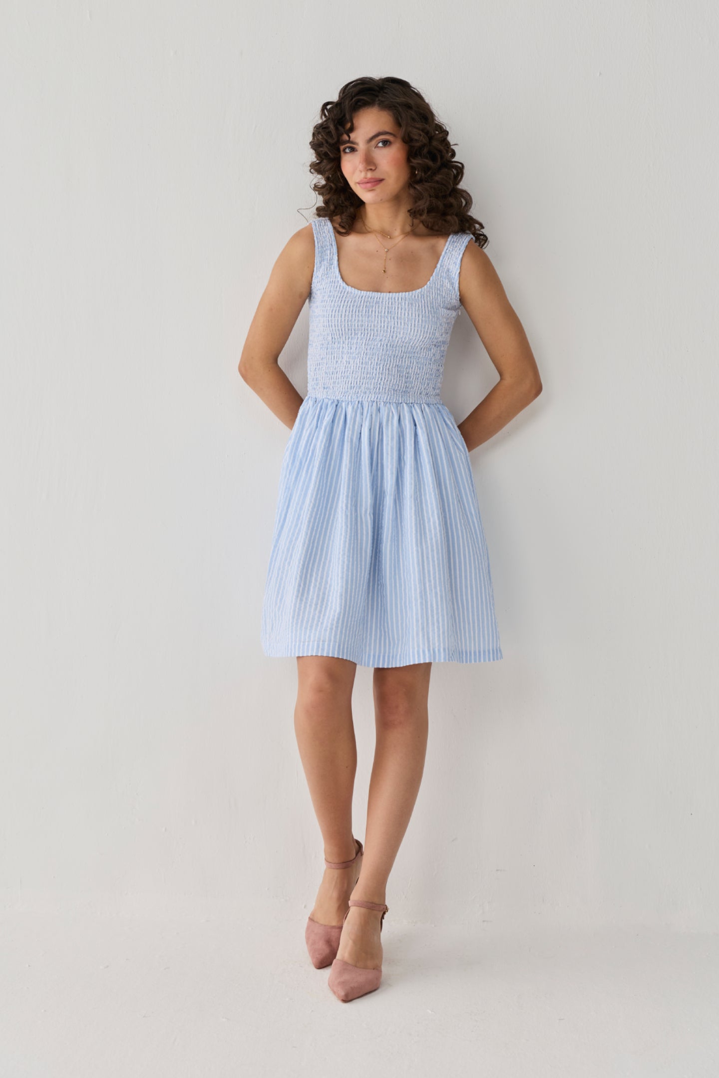 Smocked Short Dress in Blue Stripes