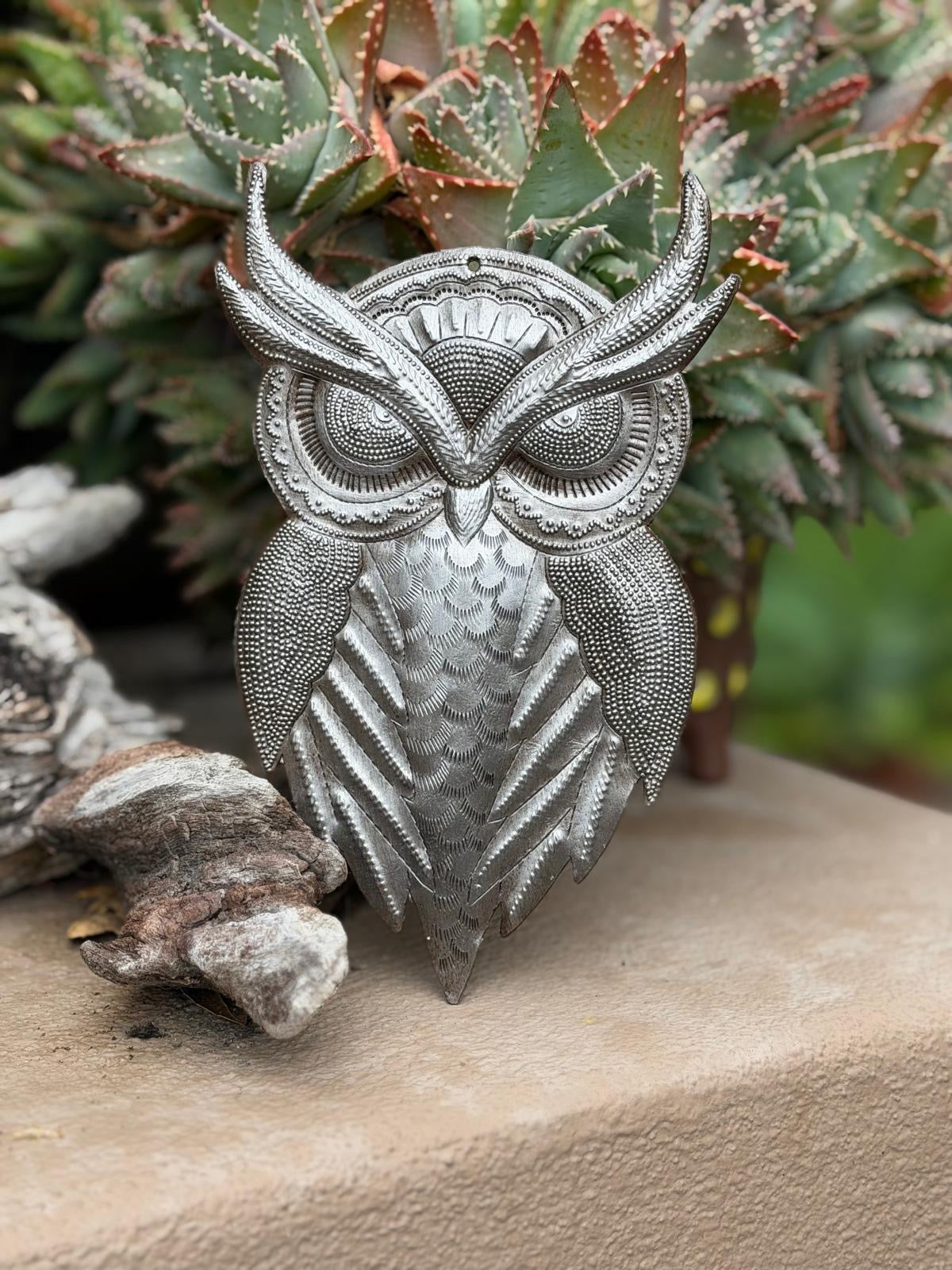 Haitian Metal Owl Wall Art Steel Drum Sculpture Handcrafted