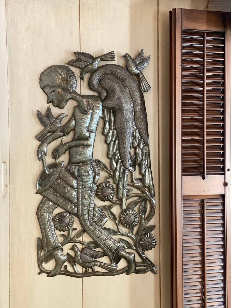 Angel Boy Playing Drum, Haitian Metal Art 18" X 34"