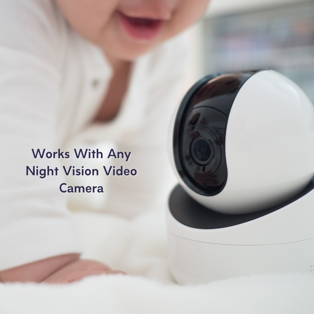 A baby smiles beside a black and white night vision video camera, nestled on a soft white surface and wrapped in our gentle Baby Shower Bundle | 0 - 6 months swaddle blanket. Text reads: Works With Any Night Vision Video Camera.