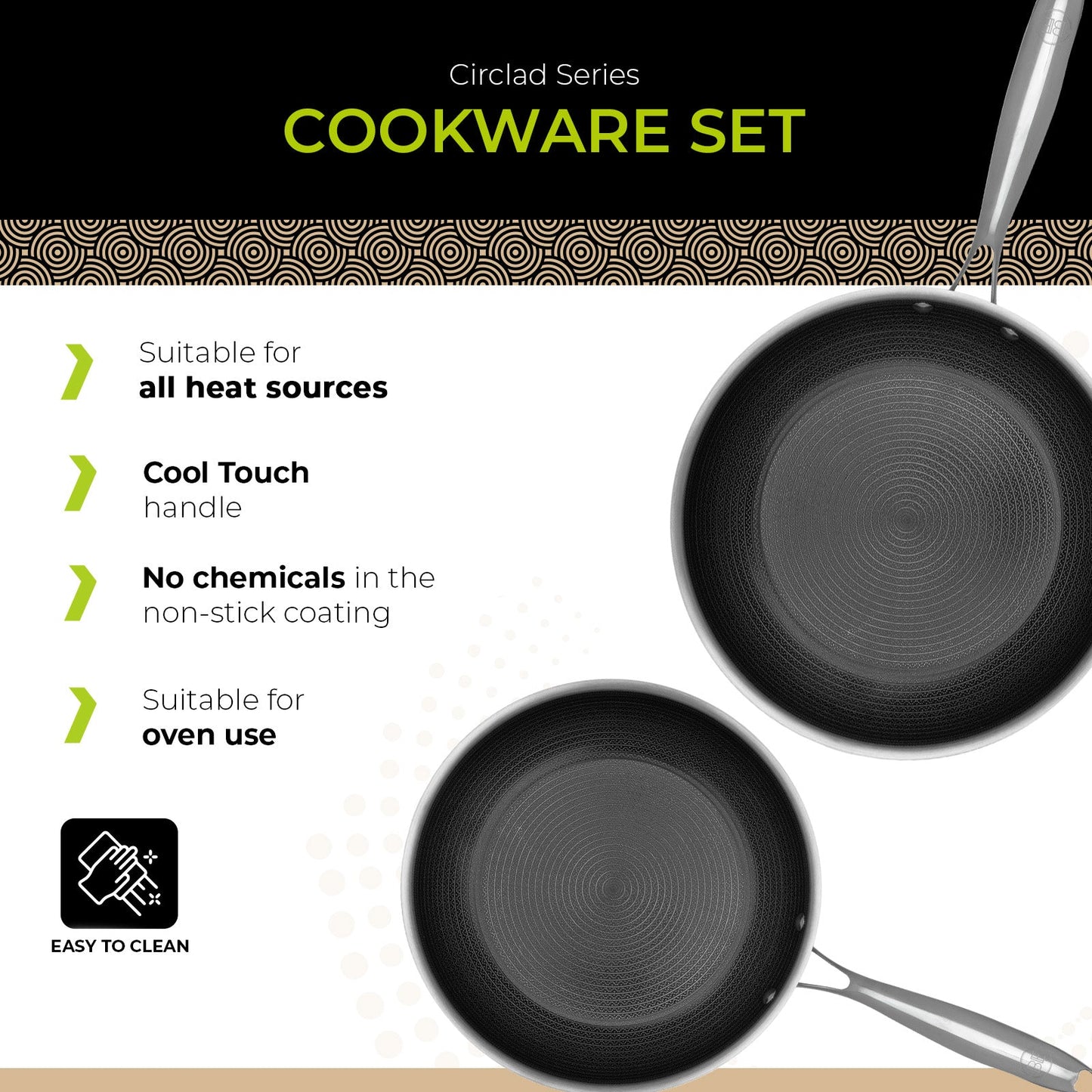 BE | LIVING - Circlad Series - 2 pcs Frying Pan Set 10"+12" / 26+30 cm - Triply Stainless Steel Circlad