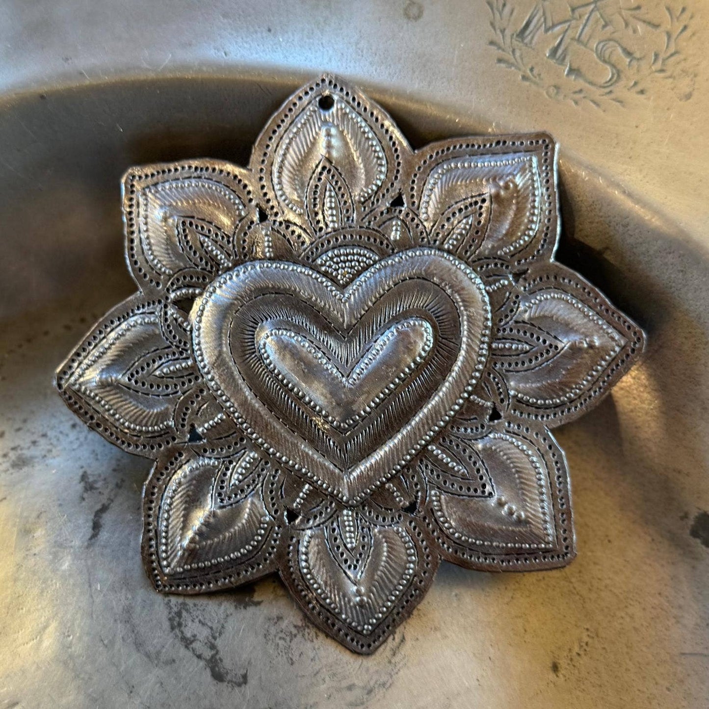 Handcrafted Sacred Heart with Floral Detail 4.75"X4.75"