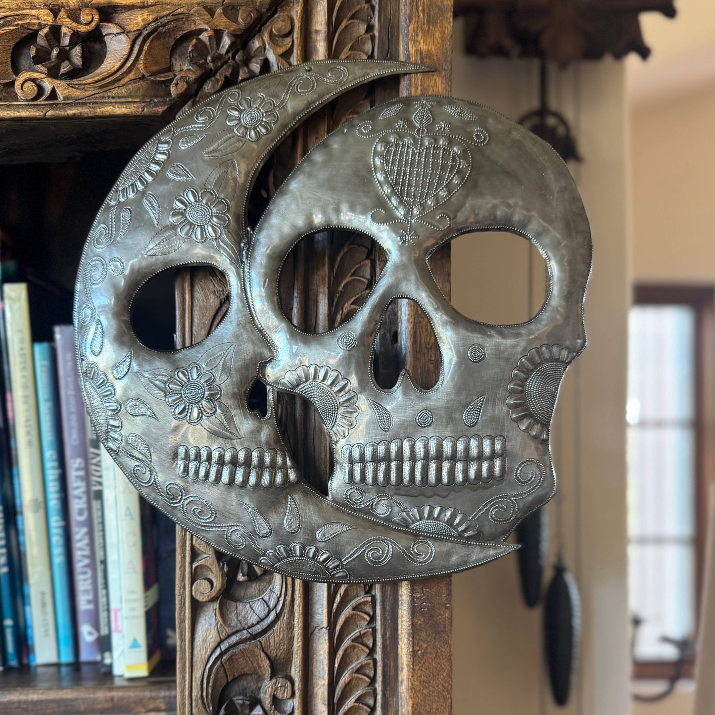 Haitian Metal Skull Wall Art w/ Petals – Recycled Steel  14"